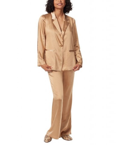 Women's Lyra Belted Notched-Collar Satin Blazer Tan/Beige $48.13 Jackets