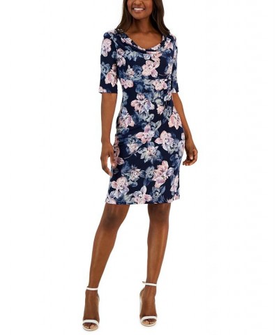 Women's Floral-Print Elbow-Sleeve Sheath Dress Dark Pink $20.68 Dresses