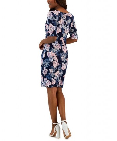 Women's Floral-Print Elbow-Sleeve Sheath Dress Dark Pink $20.68 Dresses