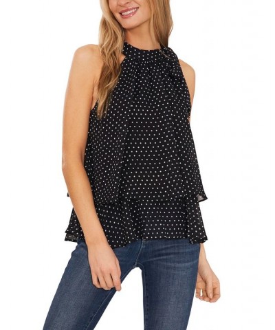 Women's Polka Dot Double Layer Halter Blouse Rich Black $37.38 Tops