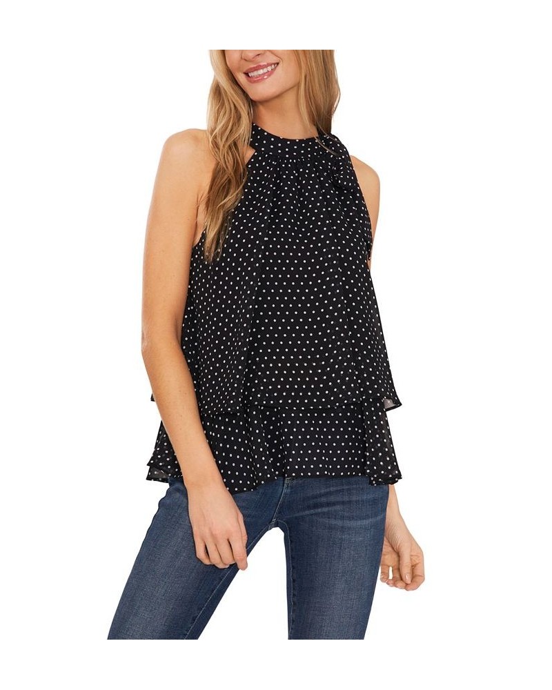 Women's Polka Dot Double Layer Halter Blouse Rich Black $37.38 Tops