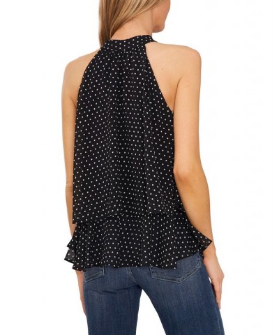 Women's Polka Dot Double Layer Halter Blouse Rich Black $37.38 Tops