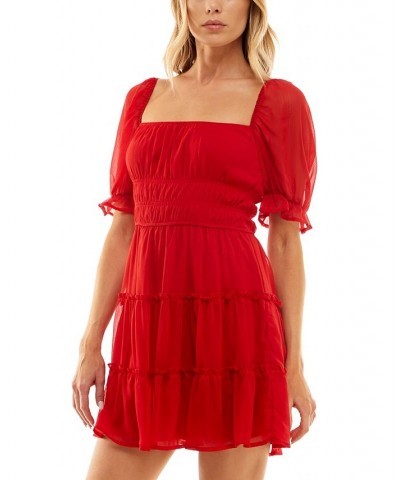 Juniors' Ruched-Waist Tiered Chiffon Fit & Flare Dress Red $26.55 Dresses