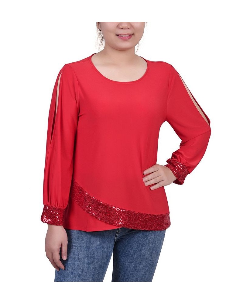 Petite Long Sleeve Knit Top with Sequin Hem Red $18.81 Tops