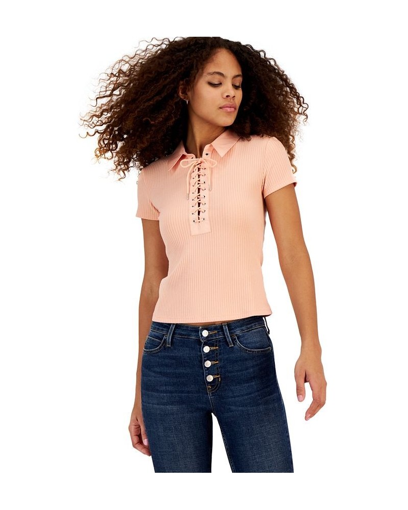 Women's Jordin Lace-Up Short-Sleeve Polo Top Pink $33.97 Tops