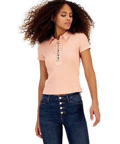 Women's Jordin Lace-Up Short-Sleeve Polo Top Pink $33.97 Tops