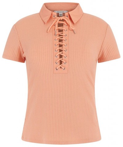 Women's Jordin Lace-Up Short-Sleeve Polo Top Pink $33.97 Tops