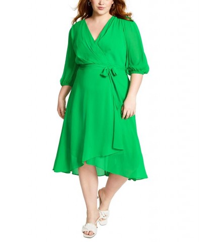 Plus Size 3/4-Sleeve Faux-Wrap Midi Dress Apple Green $70.03 Dresses