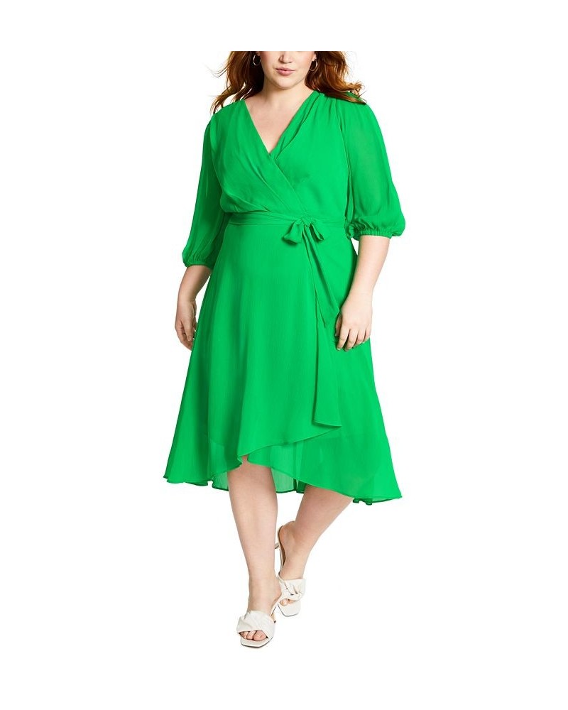 Plus Size 3/4-Sleeve Faux-Wrap Midi Dress Apple Green $70.03 Dresses