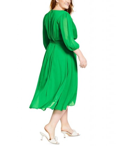 Plus Size 3/4-Sleeve Faux-Wrap Midi Dress Apple Green $70.03 Dresses