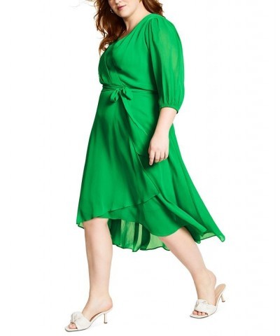 Plus Size 3/4-Sleeve Faux-Wrap Midi Dress Apple Green $70.03 Dresses