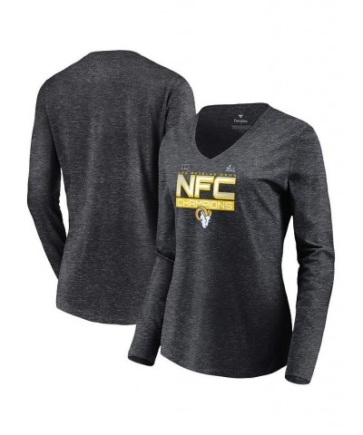 Women's Branded Charcoal Los Angeles Rams 2021 NFC Champions Iconic Slant V-Neck Long Sleeve T-shirt Charcoal $18.40 Tops