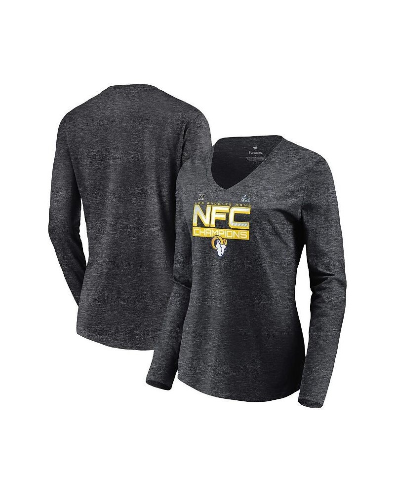 Women's Branded Charcoal Los Angeles Rams 2021 NFC Champions Iconic Slant V-Neck Long Sleeve T-shirt Charcoal $18.40 Tops