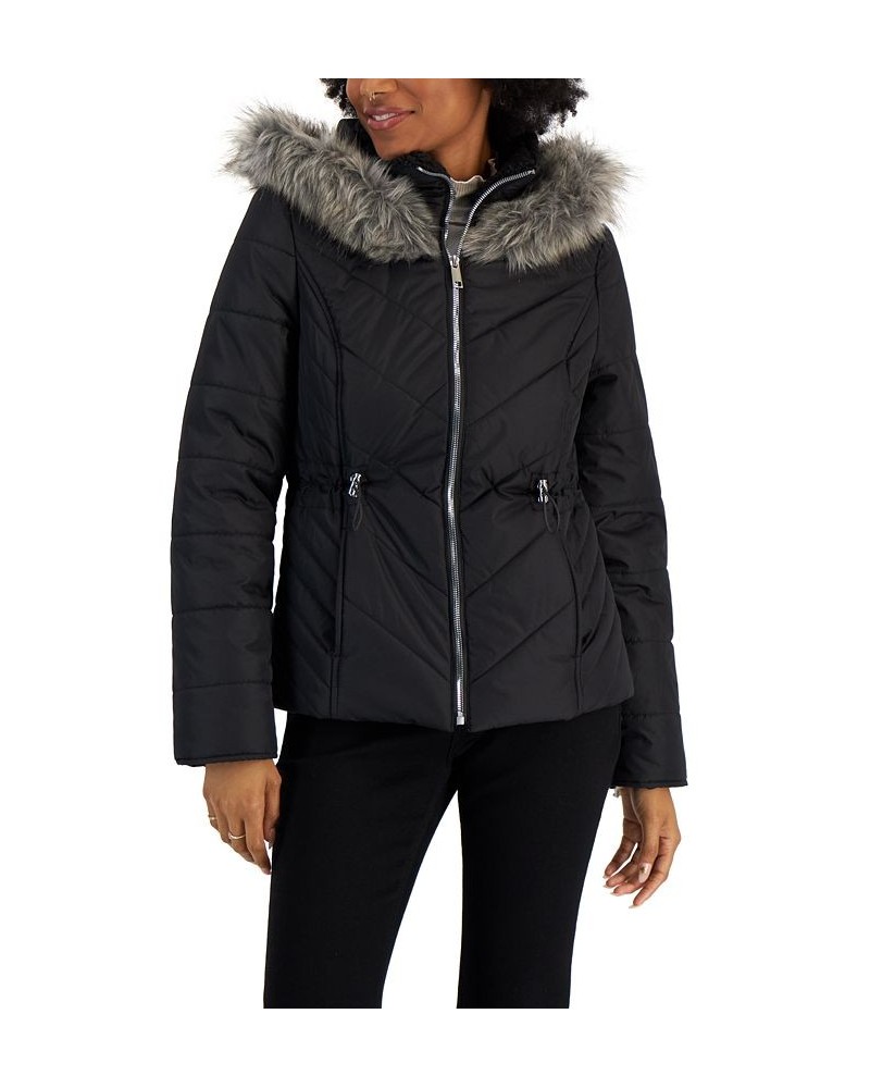 Juniors' Faux-Fur-Trim Hooded Puffer Coat Black $24.84 Coats