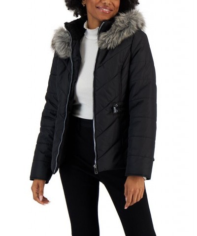 Juniors' Faux-Fur-Trim Hooded Puffer Coat Black $24.84 Coats