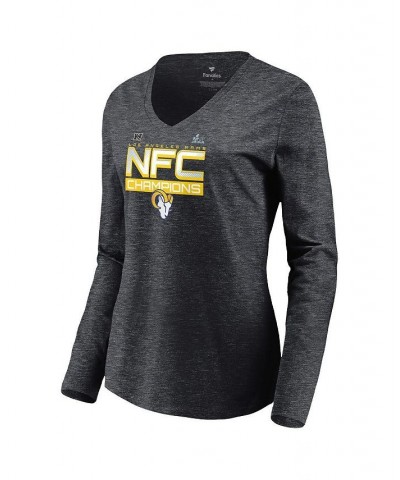 Women's Branded Charcoal Los Angeles Rams 2021 NFC Champions Iconic Slant V-Neck Long Sleeve T-shirt Charcoal $18.40 Tops