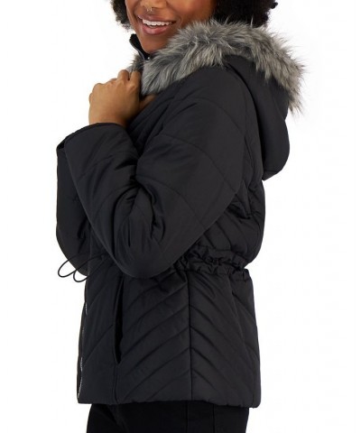 Juniors' Faux-Fur-Trim Hooded Puffer Coat Black $24.84 Coats