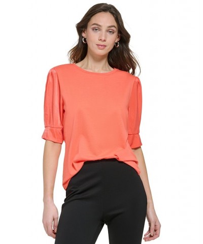 Women's Crewneck Contrast-Elbow-Sleeve Knit Top Orange $22.00 Tops