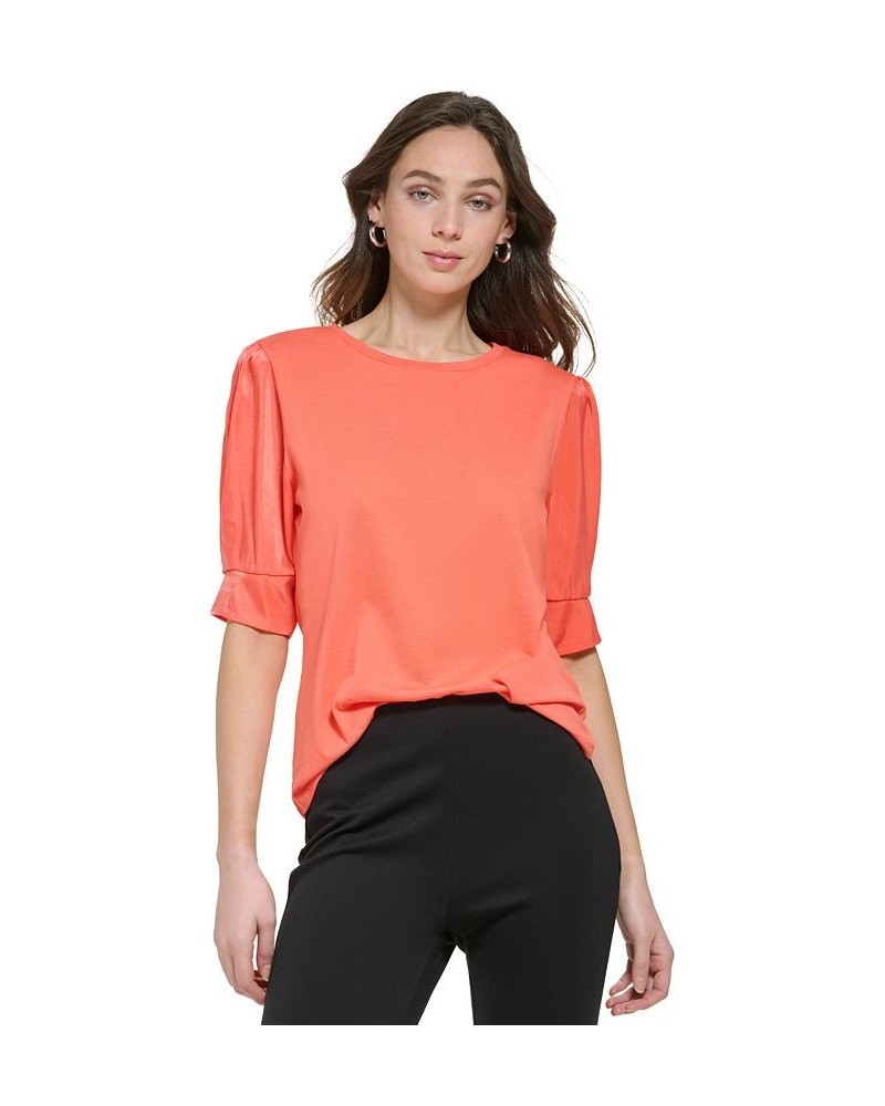 Women's Crewneck Contrast-Elbow-Sleeve Knit Top Orange $22.00 Tops