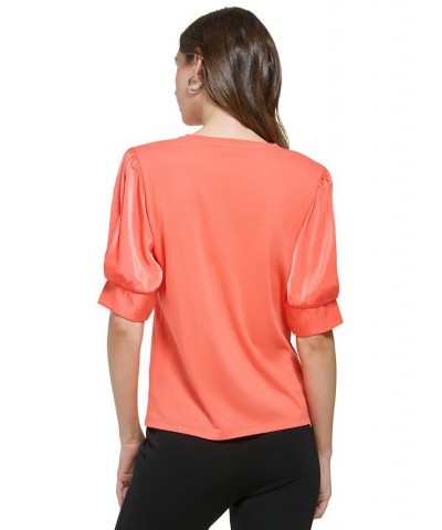 Women's Crewneck Contrast-Elbow-Sleeve Knit Top Orange $22.00 Tops