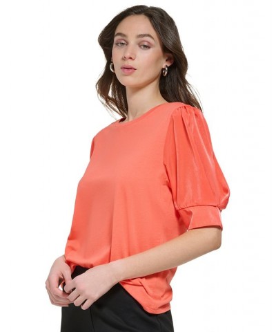 Women's Crewneck Contrast-Elbow-Sleeve Knit Top Orange $22.00 Tops