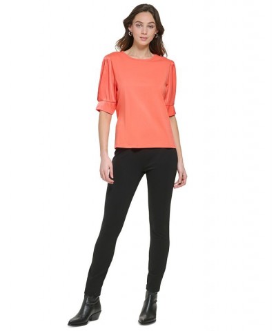 Women's Crewneck Contrast-Elbow-Sleeve Knit Top Orange $22.00 Tops