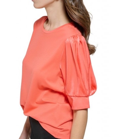 Women's Crewneck Contrast-Elbow-Sleeve Knit Top Orange $22.00 Tops