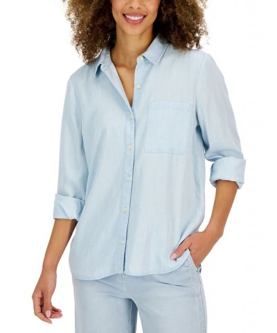 Petite Solid Button-Down Perfect Shirt Blue $15.99 Tops