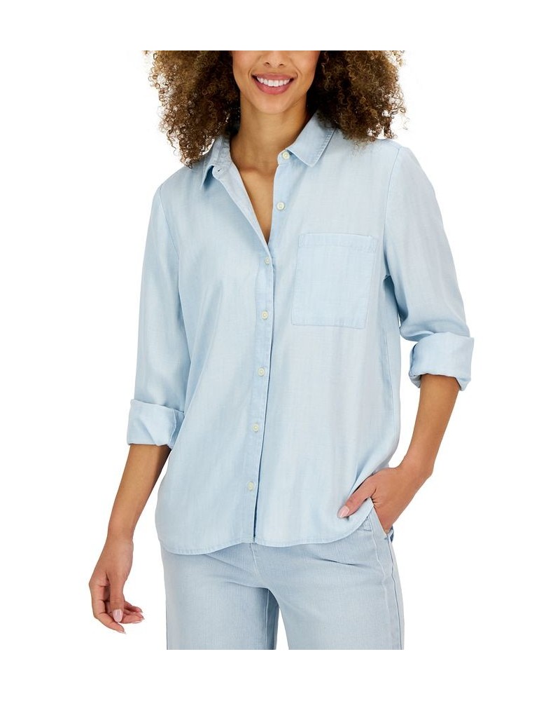 Petite Solid Button-Down Perfect Shirt Blue $15.99 Tops