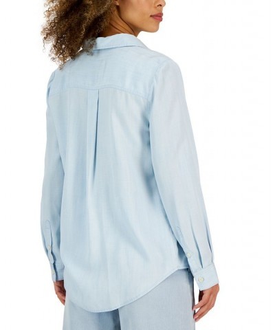 Petite Solid Button-Down Perfect Shirt Blue $15.99 Tops