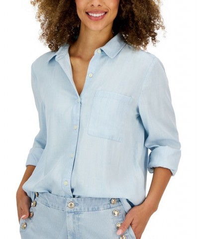 Petite Solid Button-Down Perfect Shirt Blue $15.99 Tops