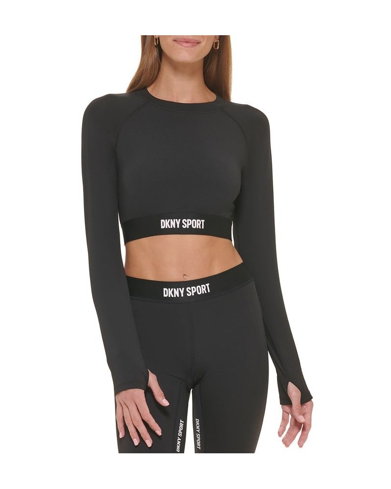 Women's Performance Cropped Elastic-Hem Thumbhole Top Black/black $22.66 Tops