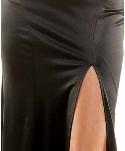 Juniors' Notch-Neck Satin Leg-Slit Gown Black $26.68 Dresses