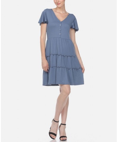 Women's Short Sleeve V-Neck Tiered Dress Blue $28.16 Dresses