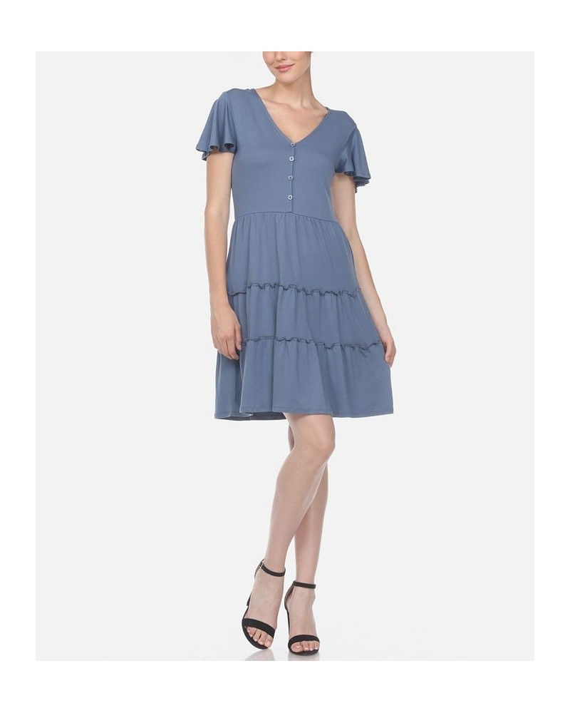 Women's Short Sleeve V-Neck Tiered Dress Blue $28.16 Dresses