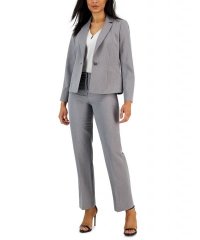 Herringbone Single Button Blazer & Straight Leg Mid-Rise Pantsuit Regular and Petite Sizes Gray $84.60 Suits