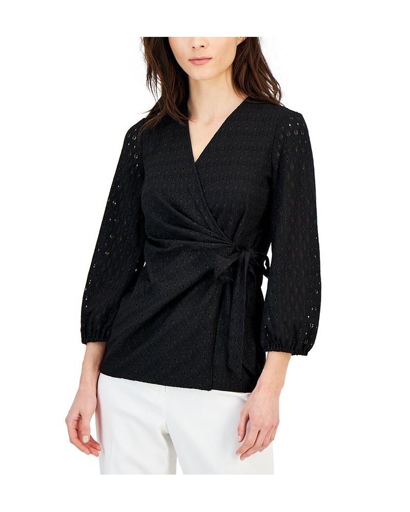 Women's Dot-Lace Blouson-Sleeve Wrap Top Black $51.23 Tops