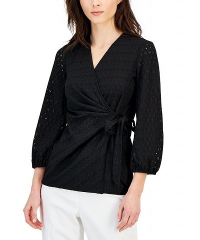 Women's Dot-Lace Blouson-Sleeve Wrap Top Black $51.23 Tops