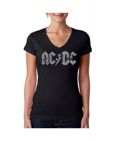 Women's AC/DC Word Art V-Neck T-Shirt Black $20.64 Tops