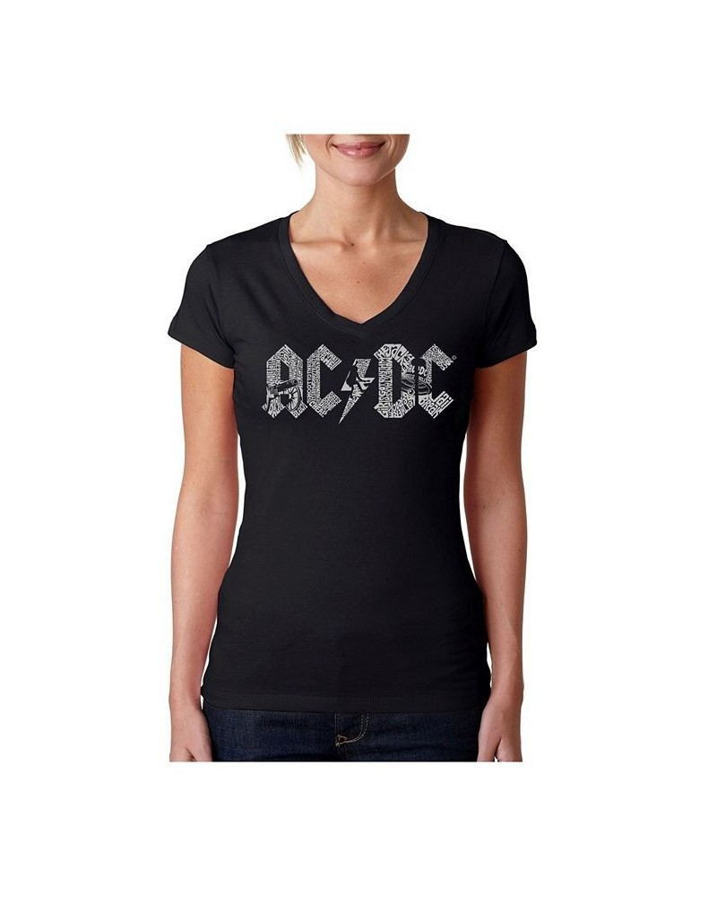 Women's AC/DC Word Art V-Neck T-Shirt Black $20.64 Tops