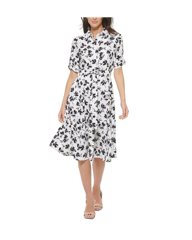 Women's Tied-Cuff Belted Shirtdress Cream/Indigo $48.96 Dresses