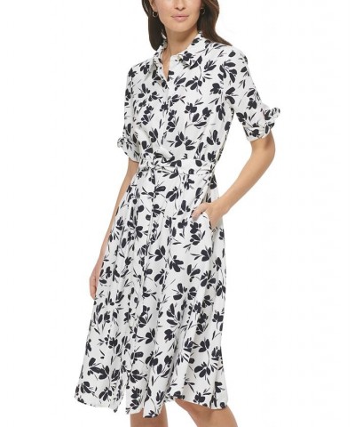 Women's Tied-Cuff Belted Shirtdress Cream/Indigo $48.96 Dresses