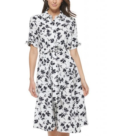 Women's Tied-Cuff Belted Shirtdress Cream/Indigo $48.96 Dresses