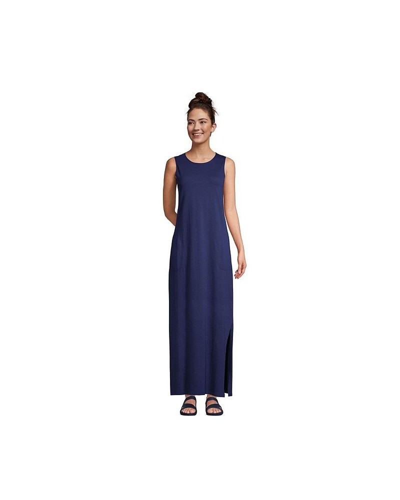 Women's Petite Cotton Jersey Sleeveless Swim Cover-up Maxi Dress Stripe Blue $35.97 Swimsuits