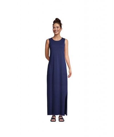 Women's Petite Cotton Jersey Sleeveless Swim Cover-up Maxi Dress Stripe Blue $35.97 Swimsuits