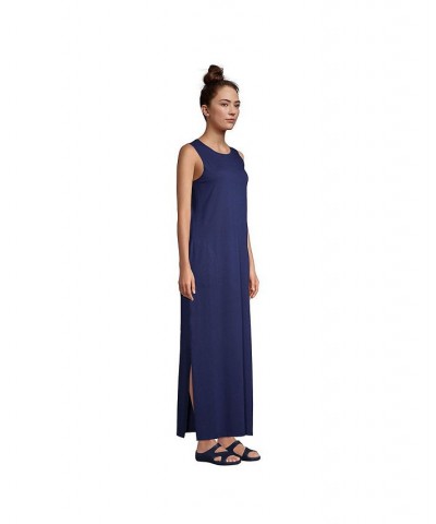 Women's Petite Cotton Jersey Sleeveless Swim Cover-up Maxi Dress Stripe Blue $35.97 Swimsuits