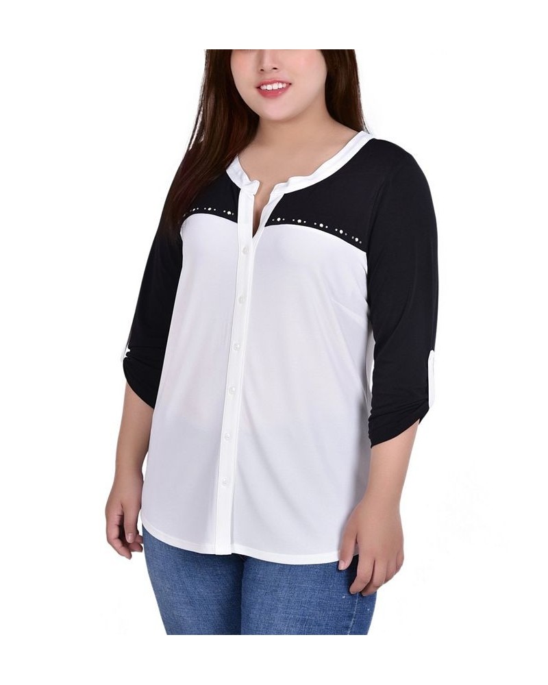 Plus Size 3/4 Sleeve Studded Top with Contrast Yoke and Sleeves White $16.06 Tops