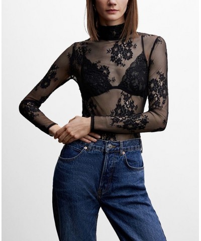 Women's Floral Lace T-shirt Black $27.60 Tops