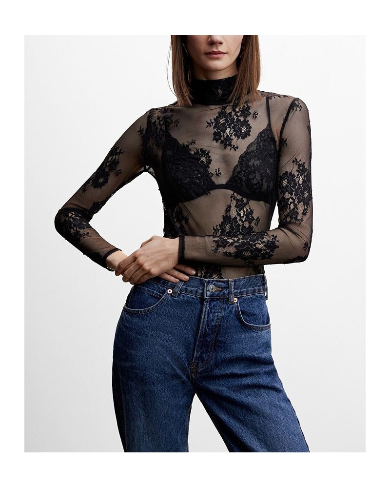 Women's Floral Lace T-shirt Black $27.60 Tops