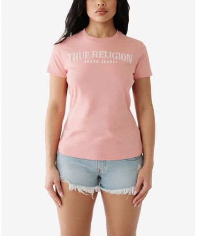 Women's Short Sleeve Arched Logo Crew T-shirt Pink $21.34 Tops